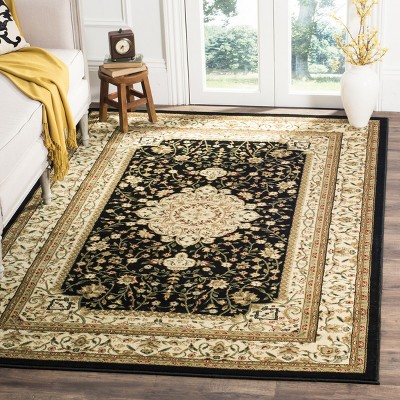 Black and Ivory Synthetic Safavid Style Circular Area Rug