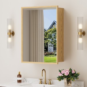 Bathroom Mirror with Storage Cabinet,Oak Wooden Wall Cabinet with Mirror and Adjustable Interior Shelves - 1 of 4