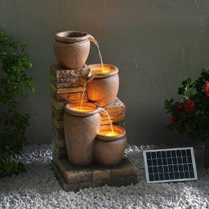 Teamson Home 30.71" 4-Tier Cascading Bowl Solar Powered Polyresin Waterfall Fountain: Outdoor LED, Faux Brick Design - 1 of 4