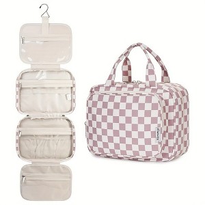 Anna-Kaci Hanging Toiletry Bag with Checkered Pattern and Multi-Layer Compartment Organizer 10.7x8x5.5in - 1 of 4