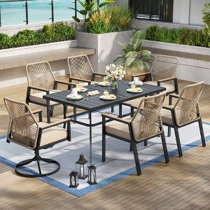 Captiva Designs 7pc Patio Dining Slat-top Steel Table & Beige Rattan Chairs with Cushions - 1 of 4