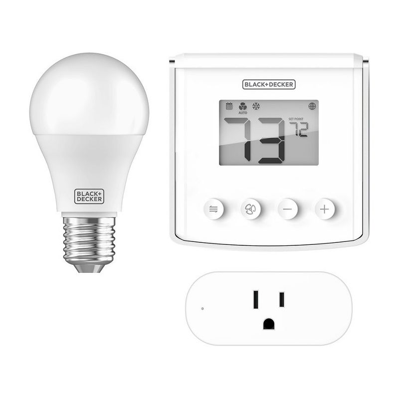 Black+Decker BDXSKSW01 Smart Home Starter Kit w/ BDXHSTL1 App Controllable Thermostat, BDXLBS19T1 Turnable Dimming Lightbulb, and BDXHTSL1 Smart Plug, 1 of 7