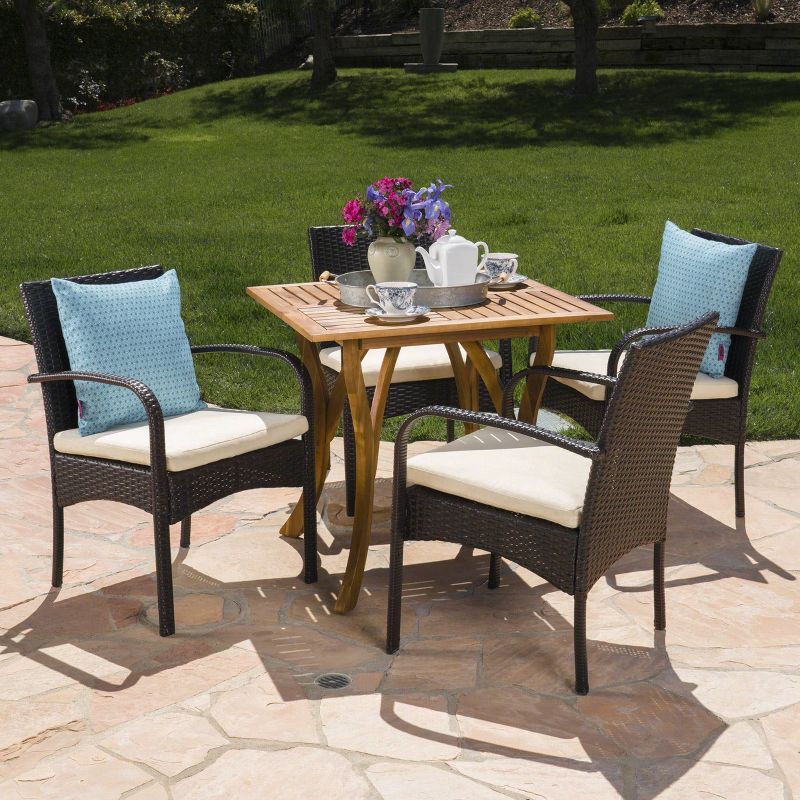Hartford 5pc Acacia Wood and Wicker Dining Set - Teak/Cream - Christopher Knight Home, 1 of 8