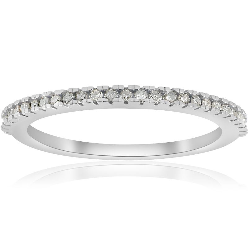 Pompeii3 1/10ct Pave Diamond Wedding Ring 10k White Gold Stackable Womens Thin Band, 1 of 5