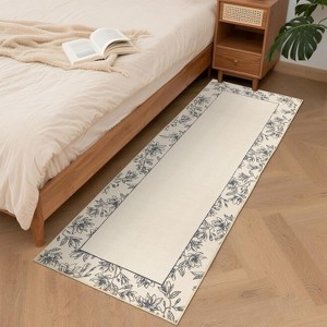 Acekool Washable Runner Rug 2x6 Modern Bordered Floral Print, Non-Slip Low Pile Soft Bedside Rug for Hallway, Laundry, Bedroom,Beige - 1 of 4