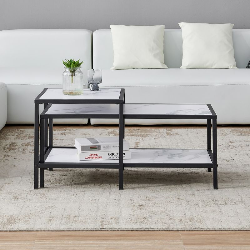 Modern Nesting Coffee Table, Black Metal Frame, Wooden Marble Color Top - ModernLuxe, 2 of 10