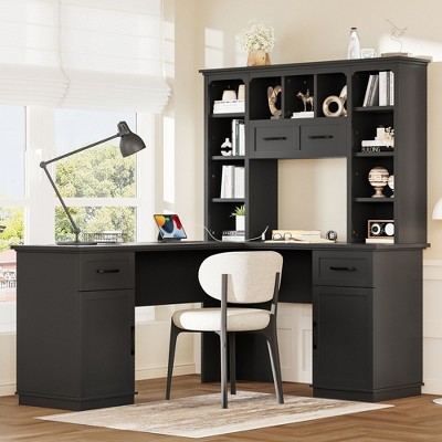 PAGED L Shaped Desk Modern Computer Desk with Storage Drawers, Cabinets, Open Shelves and Outlet, Home Office Desk for Study, Living Room