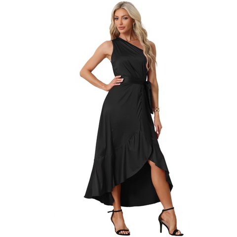 Женские платья INSPIRE CHIC Women's Satin Sleeveless One Shoulder Belted Split Ruffle Evening Cocktail Dress Black Small