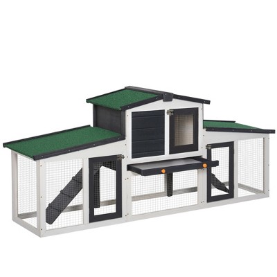 PawHut Large Rabbit Hutch with Double Runs, Wooden Guinea Pig Cage Outdoor  with Removable Tray, Ramps, Roof, 78" x 19" x 34", Gray