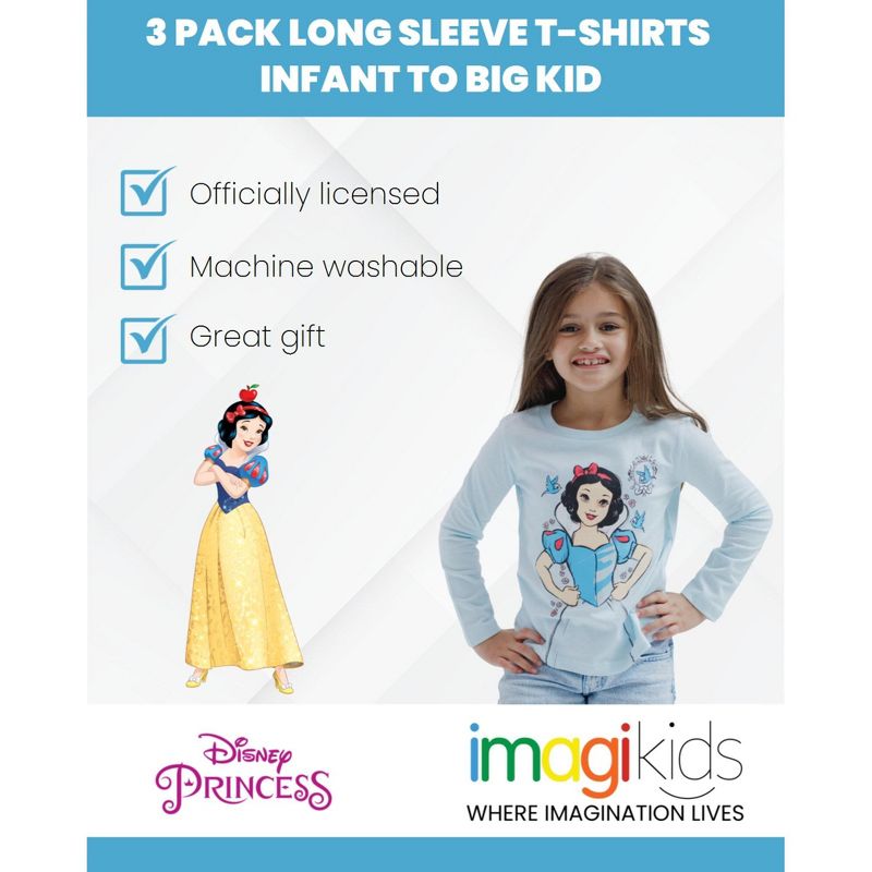 Disney Princess Ariel Cinderella Tiana Belle Jasmine Moana 3 Pack T-Shirts Toddler to Big Kid, 2 of 8