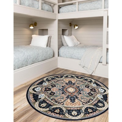 Navy Blue Round Synthetic Stain-Resistant Indoor Rug