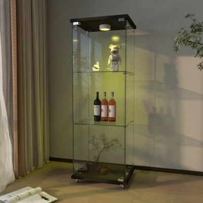 FURNIinspire Utility Storage Cabinets Elegant Showcase with Reinforced Glass Shelves and Dual Mounting Options, Black, 16.73"*14.37"*47.91"