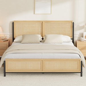 Boho Rattan Bed Frame with Headboard & Footboard – No Box Spring Needed, Natural Finish - 1 of 4