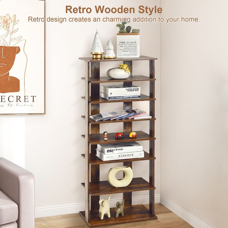 Costway Patented 7-Tier Double Shoe Rack Free Standing Shelf Storage Tower Rustic Brown, 3 of 11