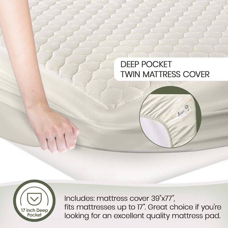 Whisper Organics, 100% Organic Cotton Mattress Protector, a Breathable, Quilted, Fitted Mattress Pad Cover, GOTS Certified, Ivory Color, 4 of 7