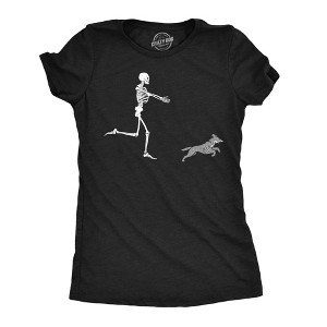 Womens Funny T Shirts Skeleton Chasing Dog Sarcastic Halloween Graphic Novelty Tee For Ladies - Crazy Dog Women's T Shirt - 1 of 4