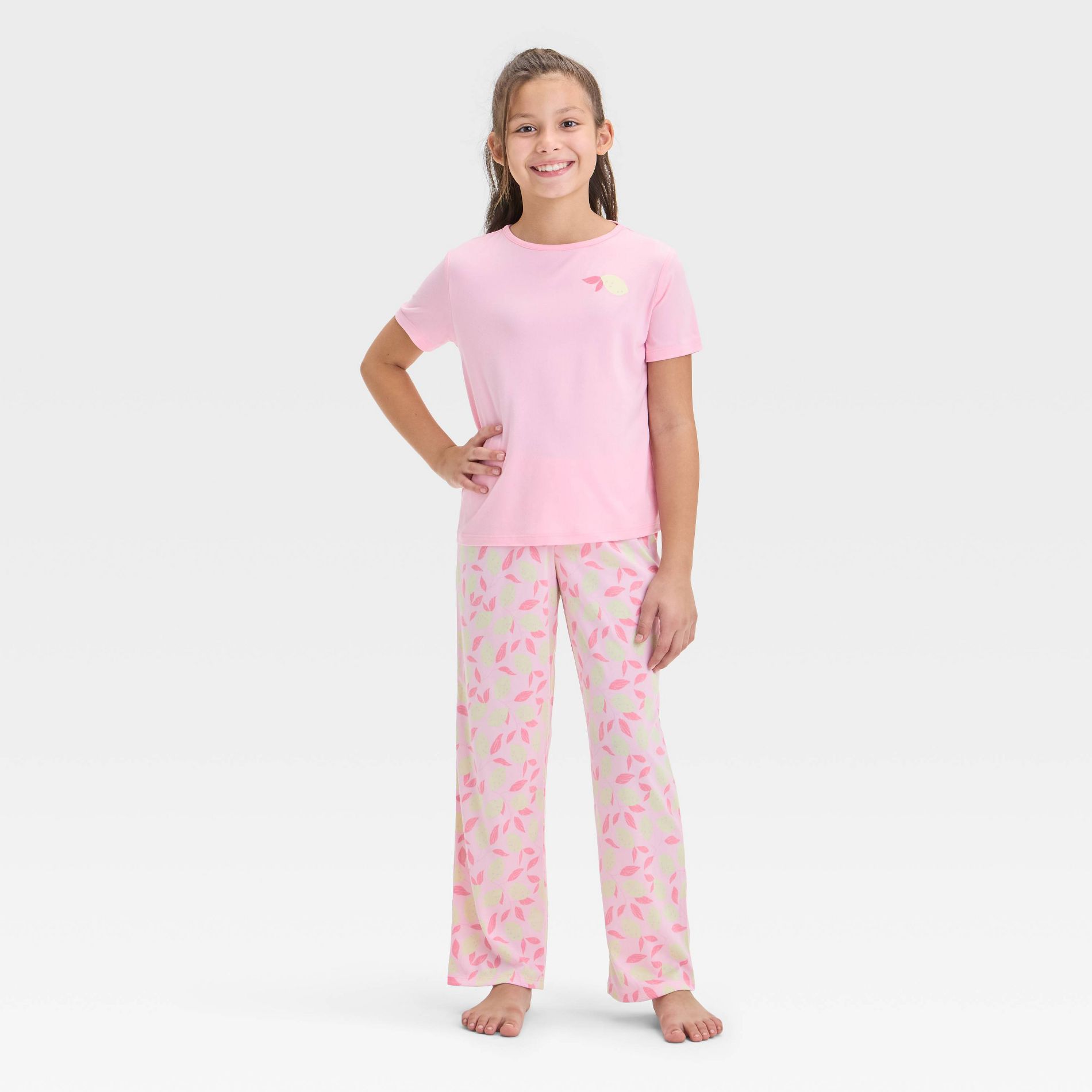 Girls' 3pc 'Lemons' Printed Short Sleeve Pajama Set - Cat & Jack™ Pink XS: Recycled Polyester, Knit