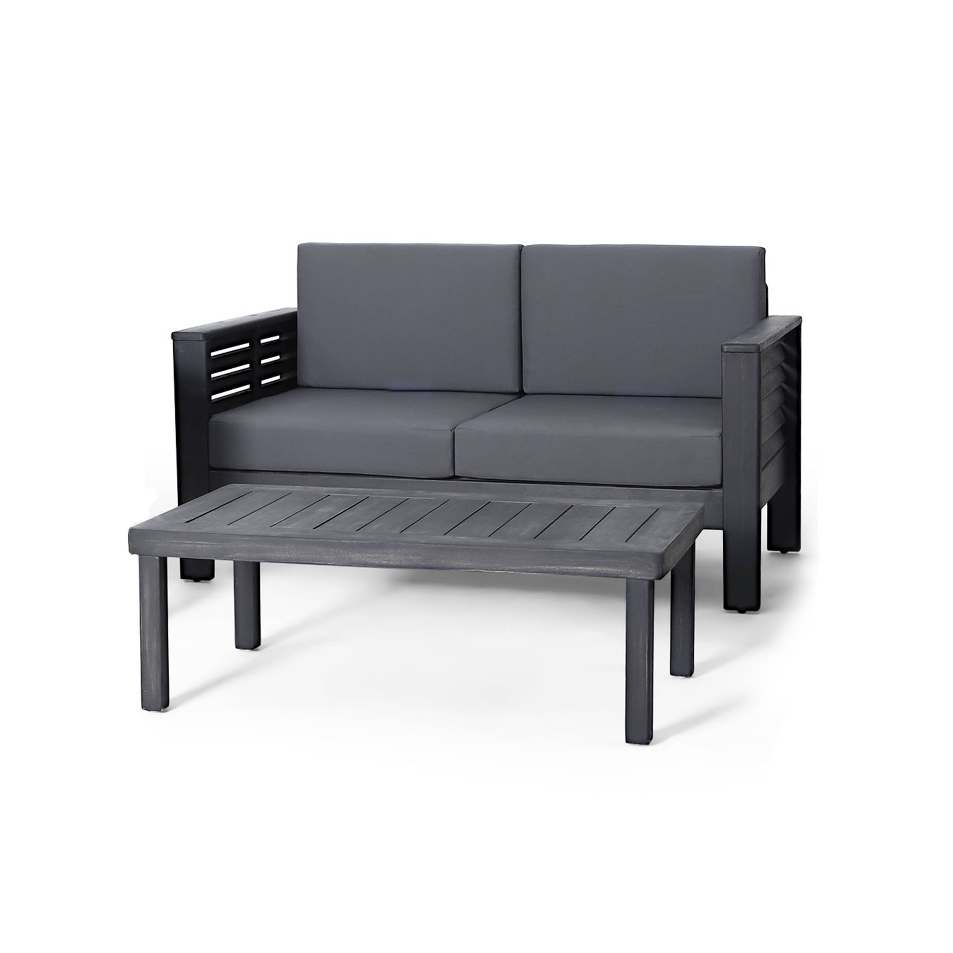 Christopher Knight 2pc Home Louver Outdoor Acacia Loveseat and Coffee Table Set with Cushions Gray