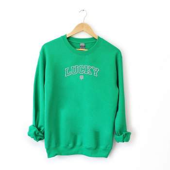 Simply Sage Market Women's Graphic Sweatshirt Embroidered Lucky Varsity Clover St. Patrick's Day - White Ink