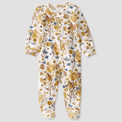 Image of Baby Girls' Organic Cotton Ochre Floral Sleep N' Play - little planet by carter's White/Gold NB