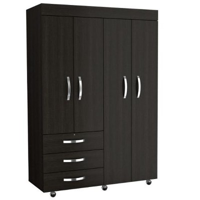 Depot E-Shop Mobile Armoire, Double Door Cabinet, Three Drawers, Rods, Two Shelves