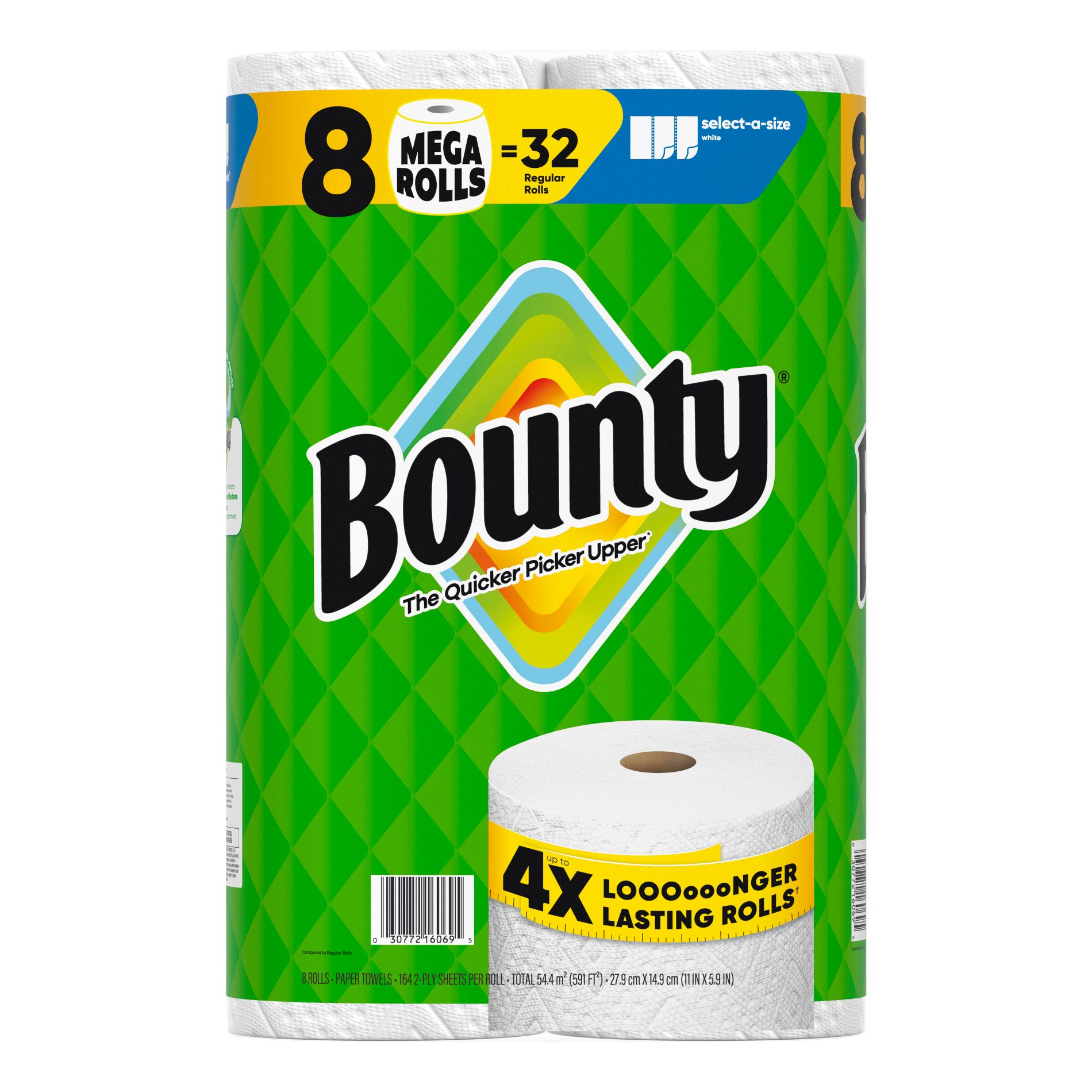 Bounty White Select-A-Size Paper Towels - 8 Mega Rolls - 2-Ply - 164 Sheets: No Fragrance Added, Dye-Free, Non-Toxic