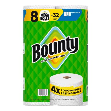 Bounty White Select-A-Size Paper Towels - 8 Mega Rolls - 2-Ply - 164 Sheets: No Fragrance Added, Dye-Free, Non-Toxic
