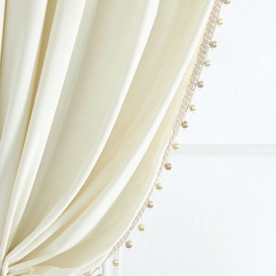 Luxury Vintage Velvet With Silky Pompom Trim Light Filtering Window Curtain Panel Ivory Single 52X84