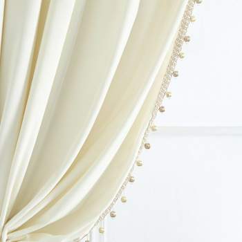 Luxury Vintage Velvet With Silky Pompom Trim Light Filtering Window Curtain Panel Ivory Single 52X84