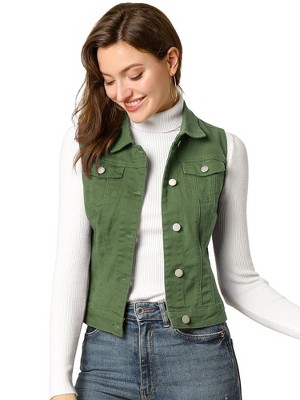 INSPIRE CHIC Women's Buttoned Washed Denim Vest with Faux Chest Flap Pockets