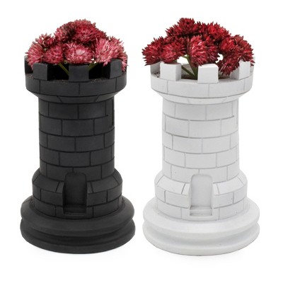 Esterno Chess Piece Planter Pots, 2pc Set; Mini Resin Rook Statues for Home and Office Decor