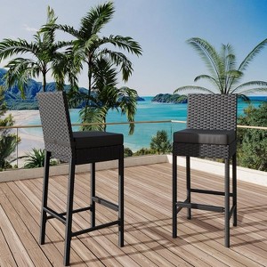 Patio Wicker Barstools With Cushions, Outdoor Wicker Bar Stools Set of 2/ 4, Outdoor Rattan Bar Height Stool Set Armless for Backyard, Poolside - 1 of 4