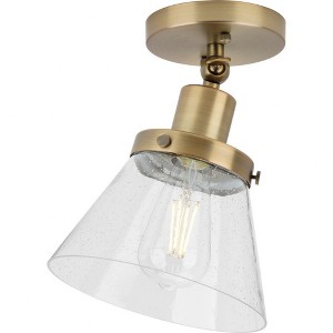 Progress Lighting Hinton 1-Light Industrial Flush Mount Ceiling Light, Vintage Brass, Seeded Glass - 1 of 4