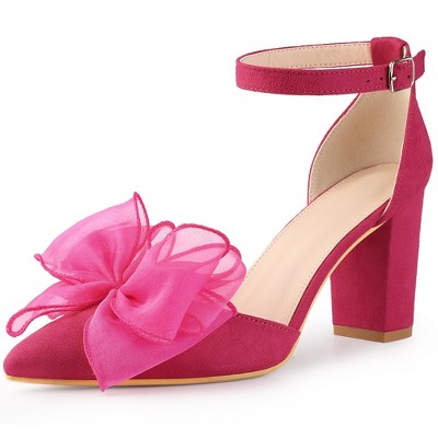Allegra K Women's Bow Knot Pointed Toe Block Heel Pumps