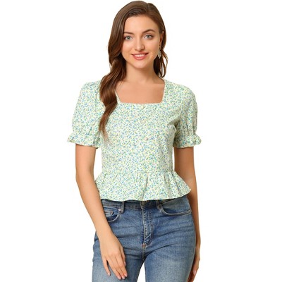 INSPIRE CHIC Women's Floral Square Neck Short Sleeve Ruffled Hem Peplum Blouse