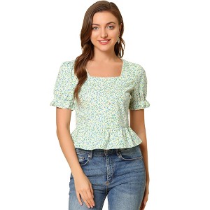 INSPIRE CHIC Women's Floral Square Neck Short Sleeve Ruffled Hem Peplum Blouse - 1 of 4