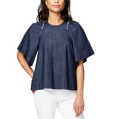Rachel Roy Womens Denim Ruffle-Trim Pullover Blouse