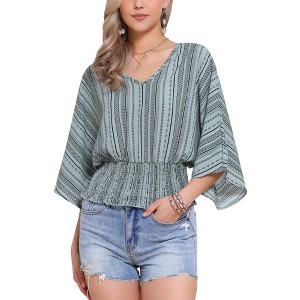 INSPIRE CHIC Women's Summer 3/4 Sleeve V Neck Boho Print Chiffon Smocked Waist Dolman Blouses - 1 of 4