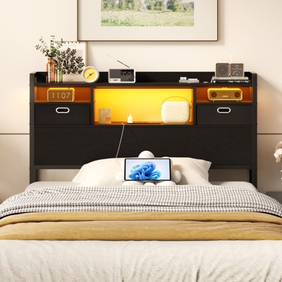 Aheaplus Storage Headboard with Power Outlet and RGB LED Lights, Head Board with Fabric Drawers