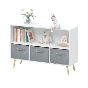 White/gray kids' bookcase with 3 collapsible fabric bins - compact toy & book storage that folds flat for space-saving nursery organization. - 1 of 4