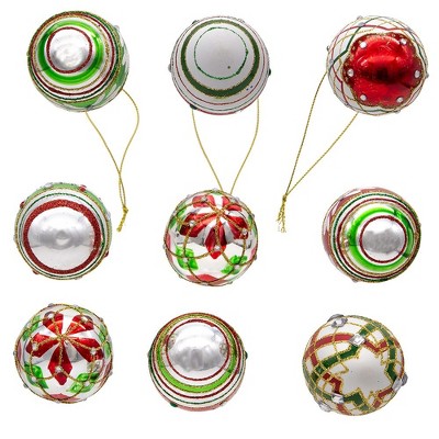 45MM Red and Green Glass Egg Ornaments with Rhinestones, 9-Piece Set