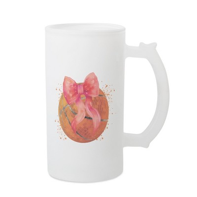 Elanze Designs Freezable Beer Stein Mug With Thumb Grip Handle, 16 Ounce Frosted Glass, Basketball With Pink Bow