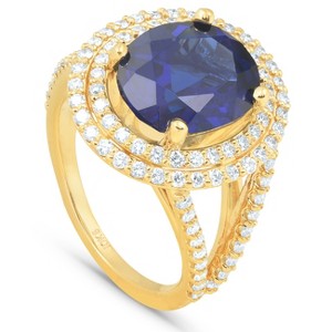 Pompeii3 6 1/5 Ct Huge Diamond Oval Blue Sapphire Diamond Double Halo Ring Yellow Gold - 1 of 4