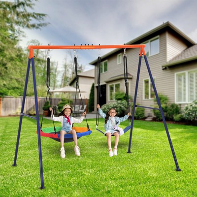 32 Inch Saucer Swing with Stand for Kids Outdoor,Swing Set with Heavy-Duty Metal A-Frame and Adjustable Ropes
