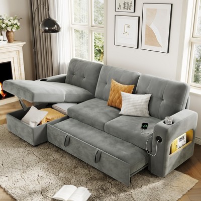 Garvee Sleeper Sofa Couch，Convertible Pull Out Sofa Bed with Storage, Charging, Led Lights, L-Shaped Sectional Sofa for Living Room