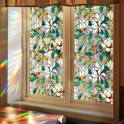Decorative Stained Glass Window Film, Double-sided Colorful Plants and Flowers Window Decals, Non-Adhesive Removable Static Cling Vinyl Stickers