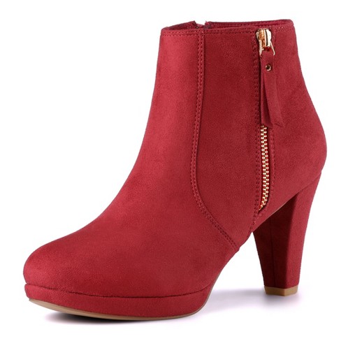 Allegra K Women's Side Zip Low Platform Chunky Heel Ankle Booties Red 6 ...