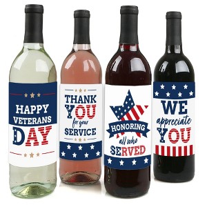 Big Dot of Happiness Happy Veterans Day - Patriotic Decorations for Women and Men - Wine Bottle Label Stickers - Set of 4 - 1 of 4