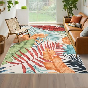 Green Washable Rug for Living Room Tropical Plant Throw Rug - 1 of 4