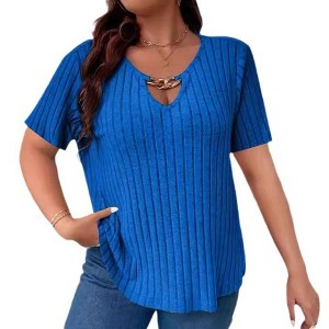 Plus Size Casual Tops for Women Fashion V Neck Ribbed Knit Short Sleeve Shirts Plain Loose Blouse Tops - 1 of 3